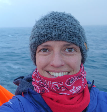 Head and shoulder photo of SAMS biogeochemist Robyn Tuerena during an oceanographic expedition