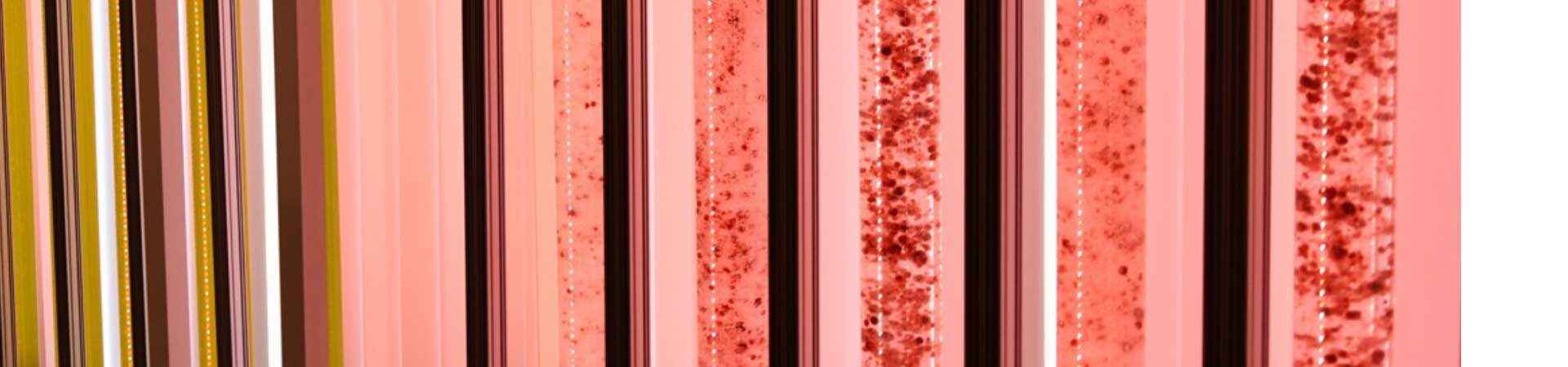 Photo showing vertical tubes with reddish algal solutions bubbling inside
