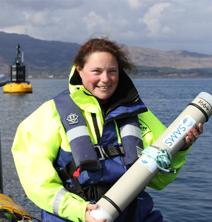 Dr van Geel with a sound device out at sea