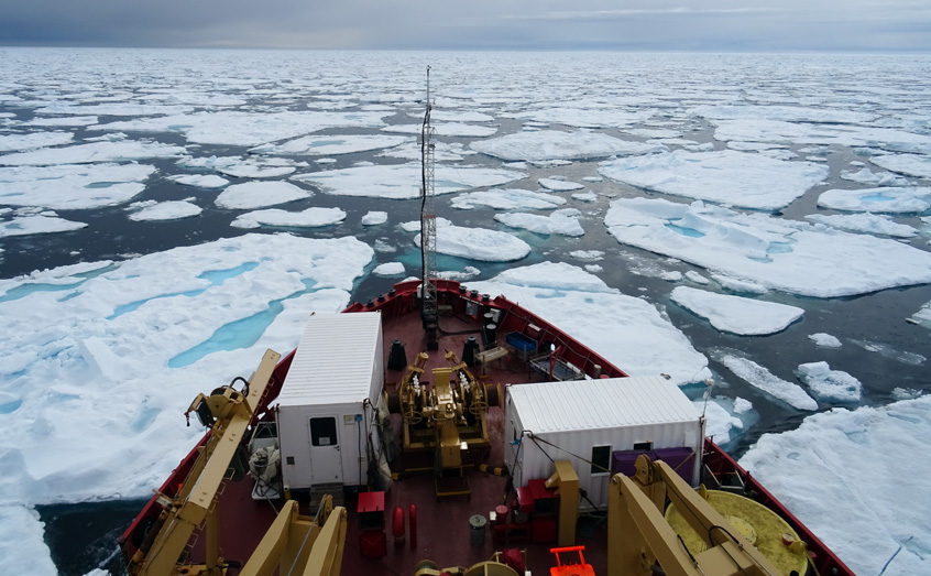 The Canadian Coastguard Ship Amundsen travels through the broken seasonal sea ice