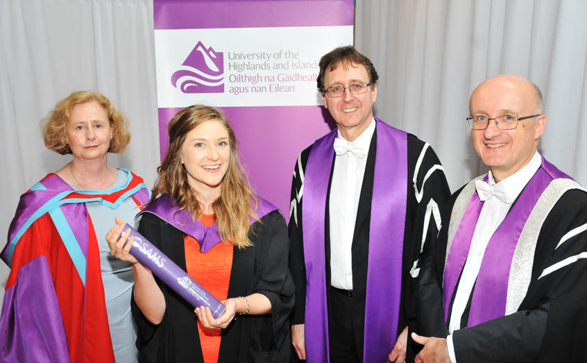 Eleanor Wood, the first person to be awarded a University of the Highlands and Islands’ Master of Science by Research Degree, with Director of Studies Dr Michele Stanley of SAMS UHI and the University of the Highlands and Islands’ Dean of Research Michael Rayner and Vice-Principal for Research Prof Neil Simco.