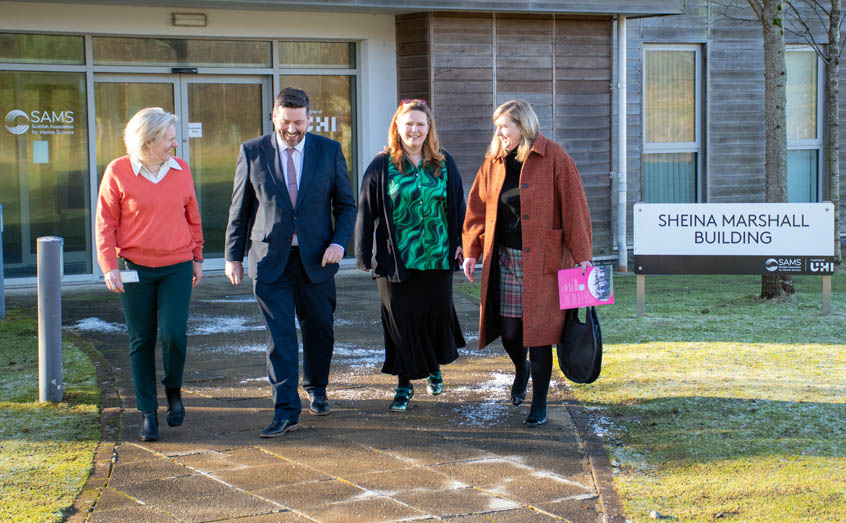 Scottish Government minister Jamie Hepburn MSP visited the Sheina Marshall teaching building as part of his SAMS tour, alongside, from left, Prof Elizabeth Cottier-Cook, Dr Anuschka Miller and Argyll and Bute MSP Jenni Minto.