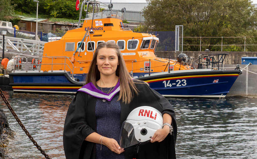 SAMS graduate Jasmin Manning balanced her studies with volunteering as an Oban Lifeboat crew member. Photo: Stephen Lawson/RNLI