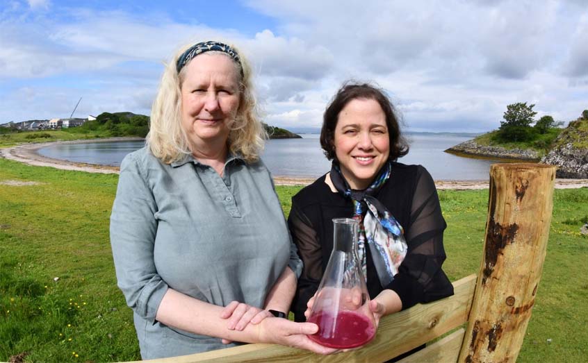 Prof Michele Stanley of SAMS (left) and Crùbag's founder and director Jessica Giannotti with a sample of seaweed-derived dye for use in textiles.