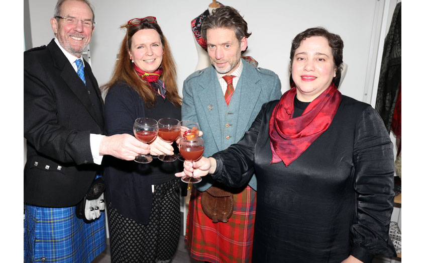 Toasting the new tartan are, from left: SAMS Director Prof Nicholas Owens, SAMS Head of Communications Dr Anuschka Miller, Robin MacDougall, Younger of Dunollie and Crùbag founder Jessica Giannotti. Photo: Kevin McGlynn