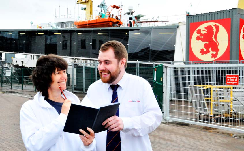 SAMS outreach officer Helen McNeill and David Henderson, a port assistant with competition sponsor CalMac, have their pens poised ahead of the Festival of the Sea writing competition.