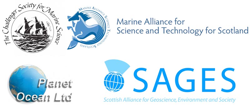 Logos of the Ambio conference funders Challenger Society, MASTS, Planet Ocean Ltd and SAGES